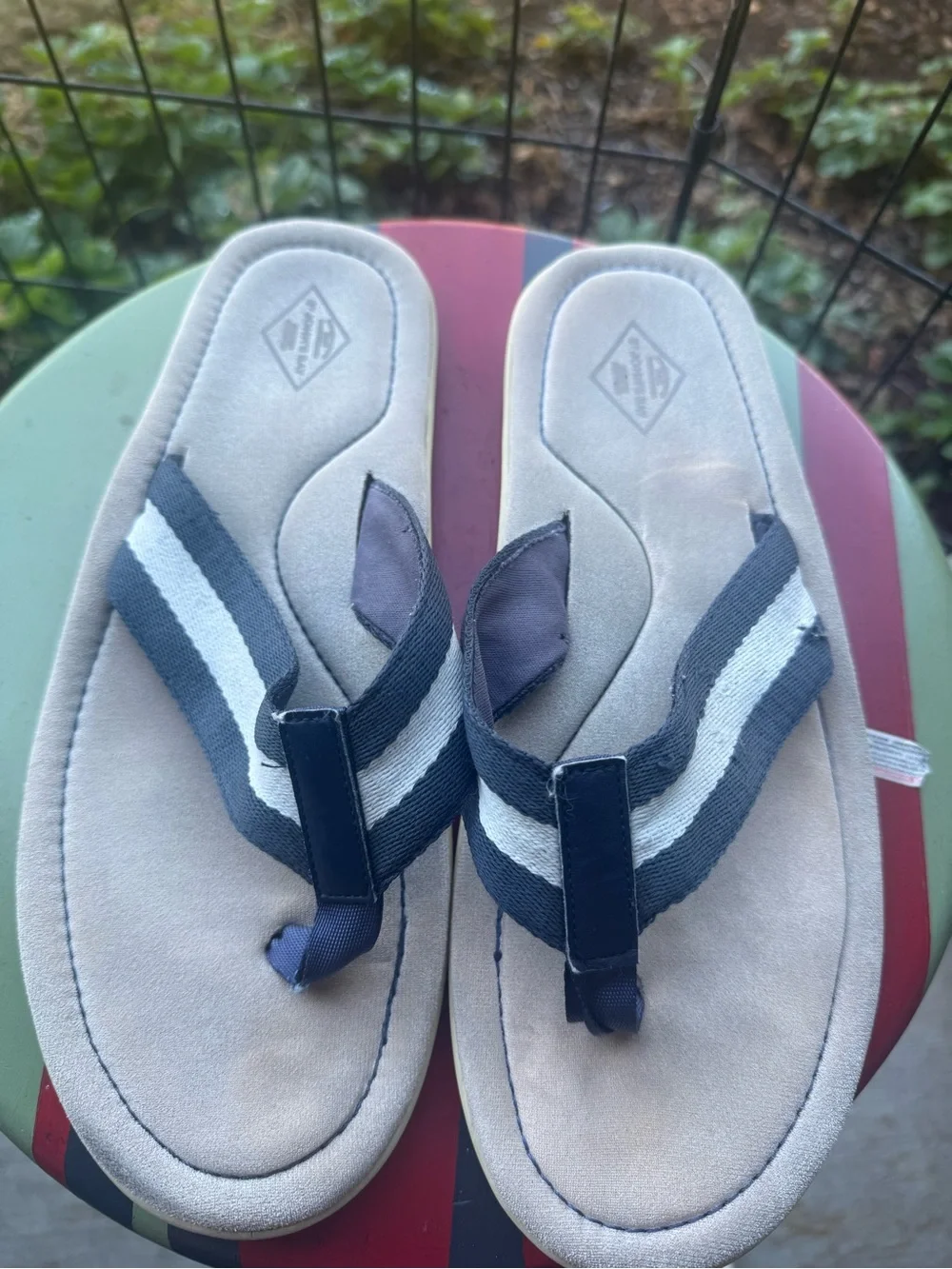 St. John's Bay Tan Flip-Flops with Navy and White Straps